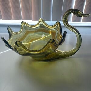 VTG Sooner Art Glass Swan Vase Bowl Hand Blown Deep Gold  Swirl 8”Lx8”Hx9”W 1960